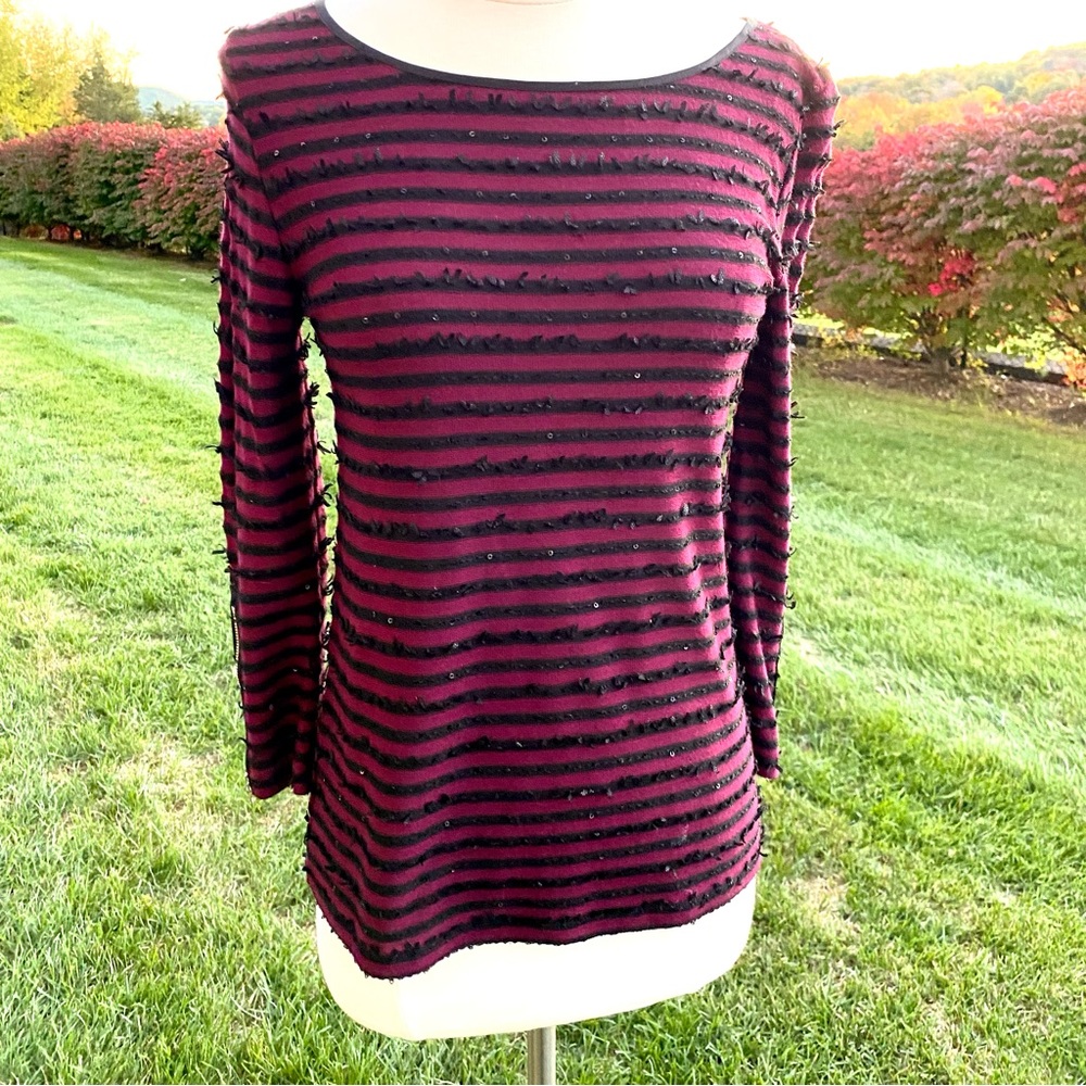 Ann Taylor Striped with Zipper Sleeves Burgundy Sweater